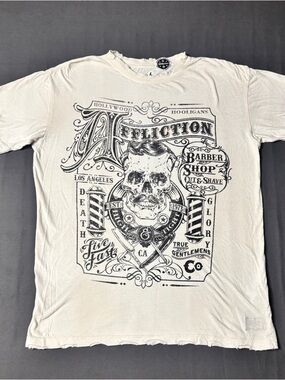 AFFLICTION The Barber Men's Cream Distressed Graphic Barber Shop Skull Tee Sz L